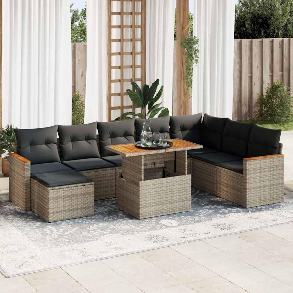 Sofasæt til haven - 9 dele med hynder i polyrattan og akacietræ, grå