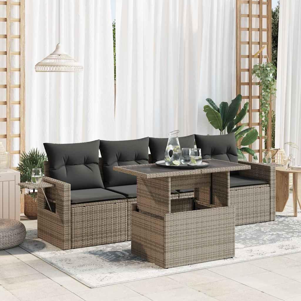Sofasæt i polyrattan med hæve-/sænkebord - 5 dele, grå billede
