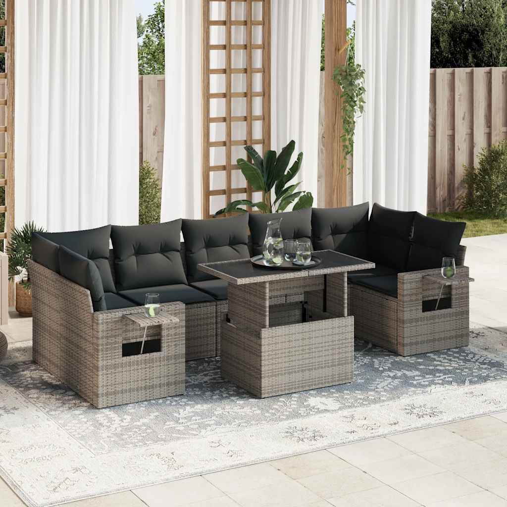 Havesofasæt i polyrattan - 8 dele med hynder, grå