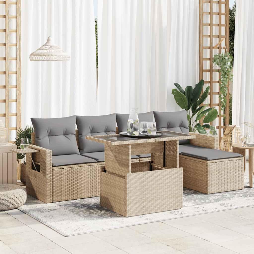 Sofasæt til haven i polyrattan - 6 dele med hynder, beige billede