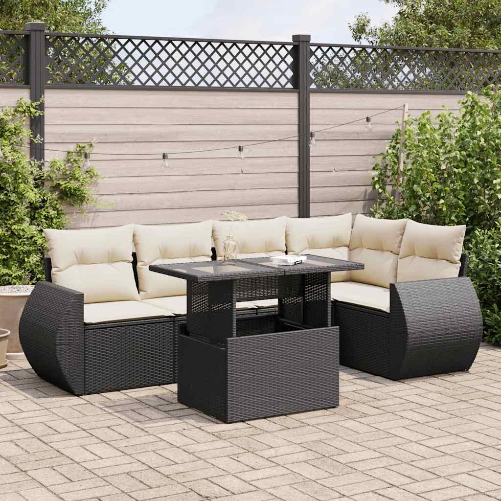 Havesofasæt i polyrattan - 6 dele med hynder, sort