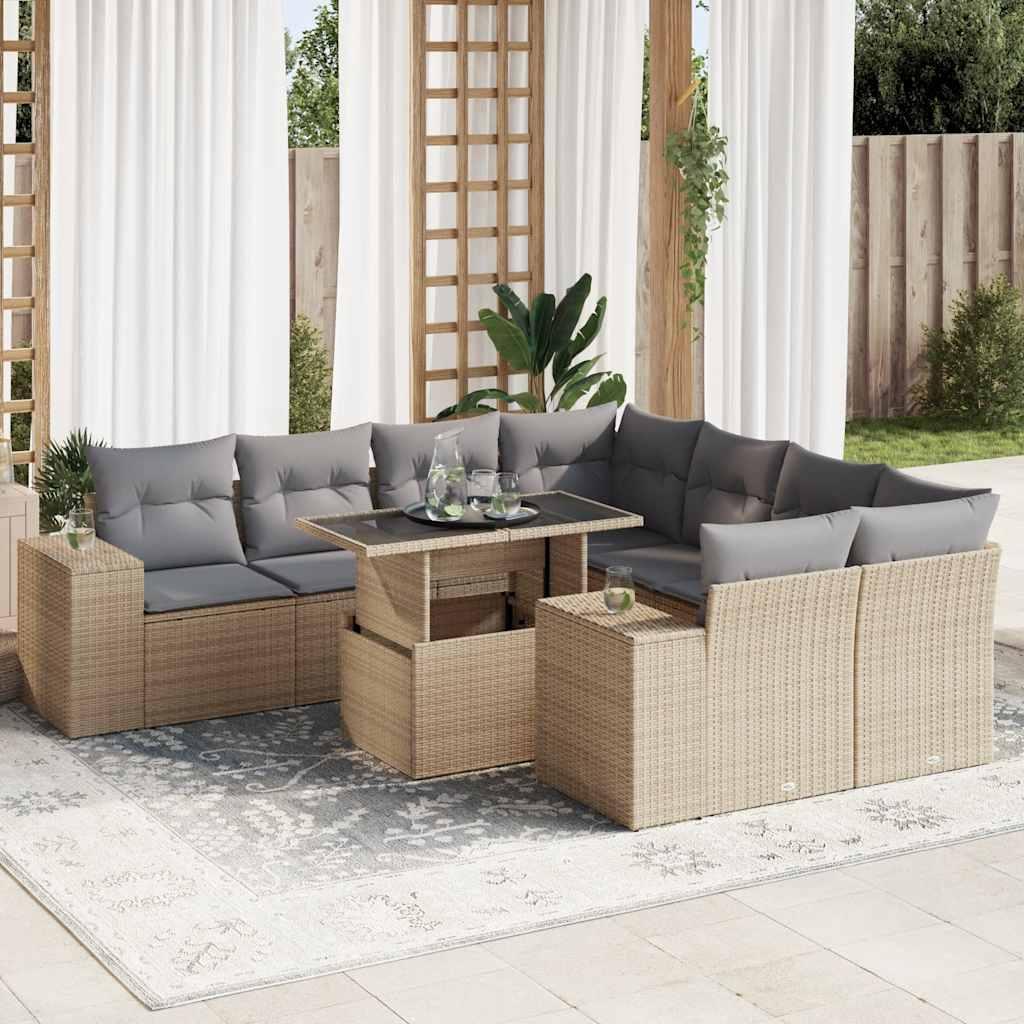 Sofasæt til haven 9 dele med hynder polyrattan beige billede