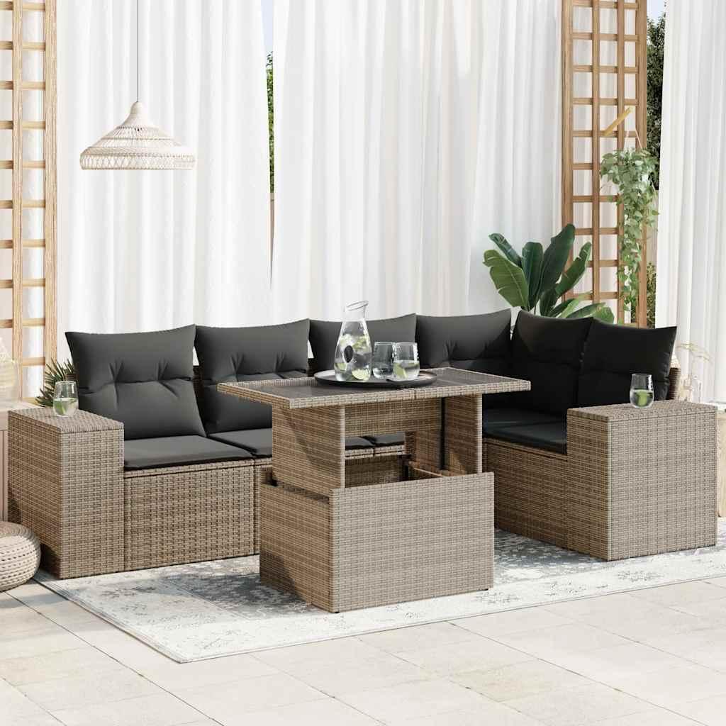 Sofasæt til haven i polyrattan - 6 dele med hynder, grå