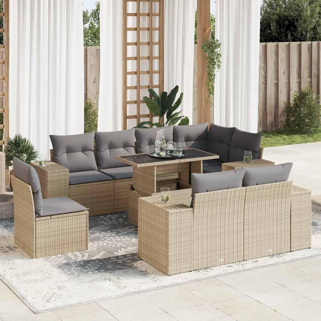 Sofasæt til haven 9 dele med hynder polyrattan beige