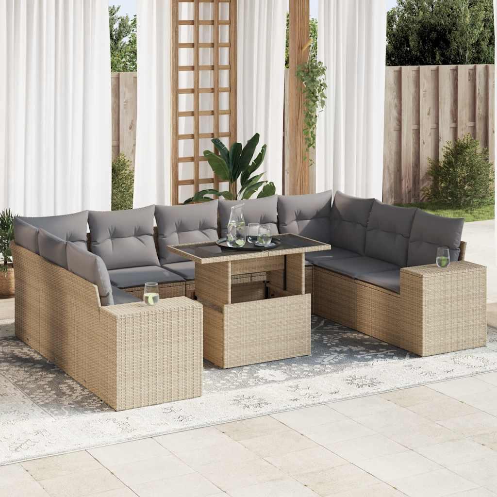 Sofasæt til haven 10 dele med hynder polyrattan beige