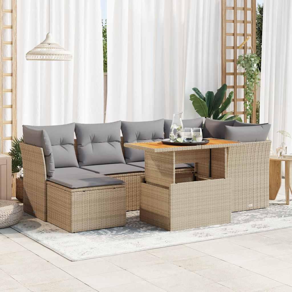 Sofasæt til haven - 7 dele med hynder og opbevaring, polyrattan, beige billede