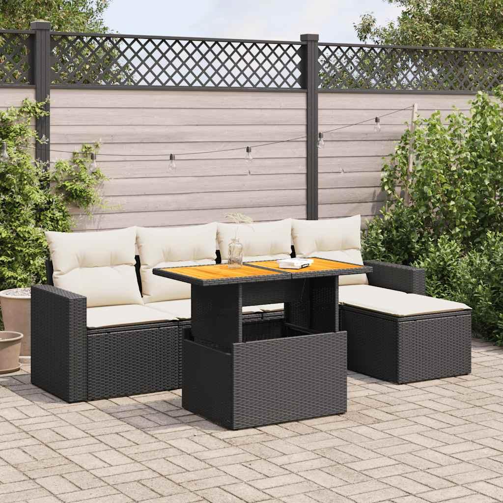 Havesofasæt i polyrattan - 6 dele med hynder, sort