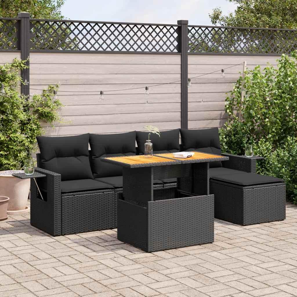 Havesofasæt i polyrattan - 6 dele med hynder, sort