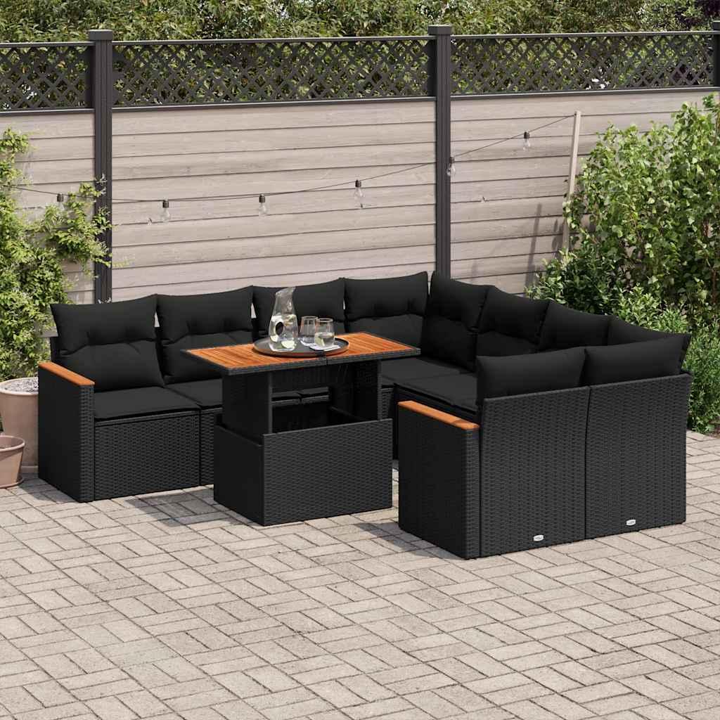 Sofasæt til haven i polyrattan og akacietræ - 9 dele, sort med hynder