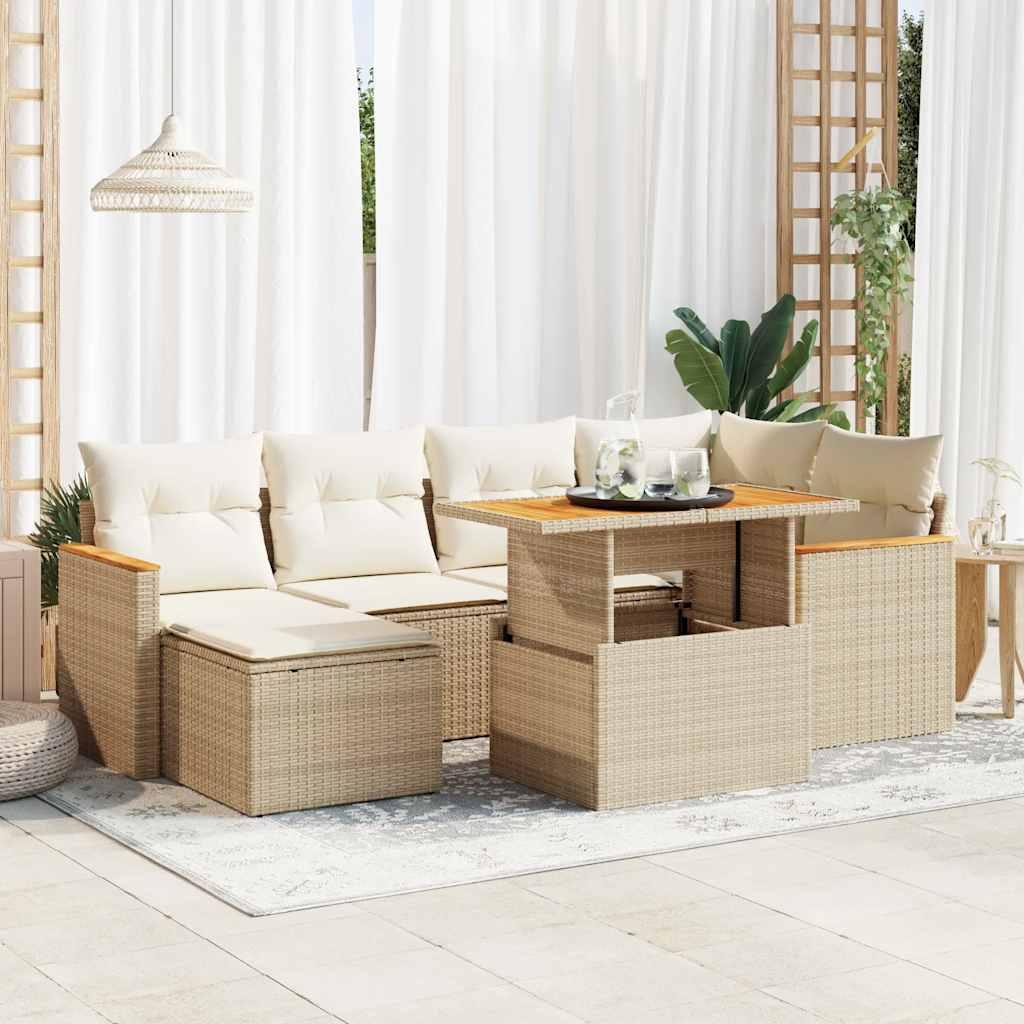 Sofasæt til haven 7 dele med hynder polyrattan akacietræ beige billede