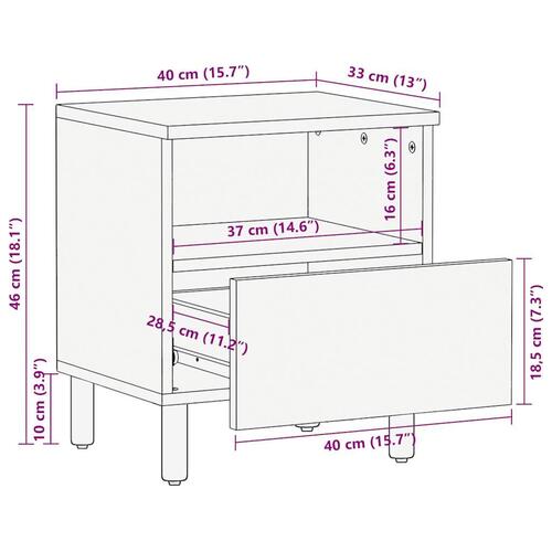 Sengeborde 2 stk. 40x33x46 cm massivt ru mangotræ sort
