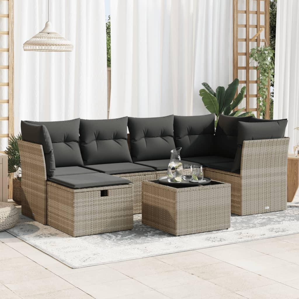 Sofasæt til haven 7 dele med hynder polyrattan lysegrå