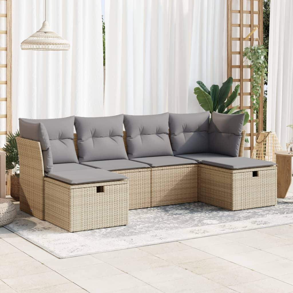 Sofasæt til haven 6 dele med hynder og opbevaring i polyrattan - beige