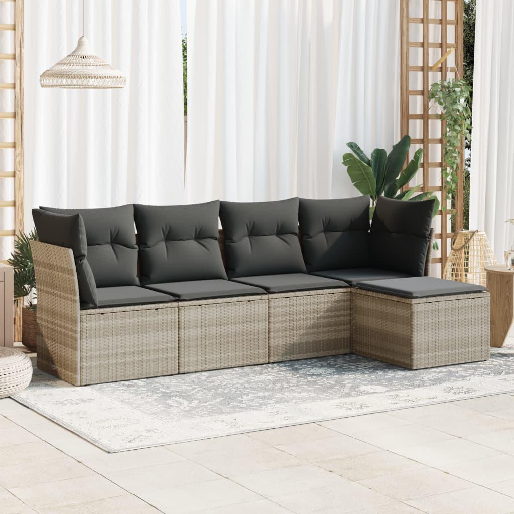 Sofasæt 5 dele med hynder polyrattan lysegrå
