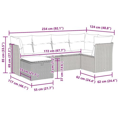 Sofasæt til haven 6 dele med hynder polyrattan brun