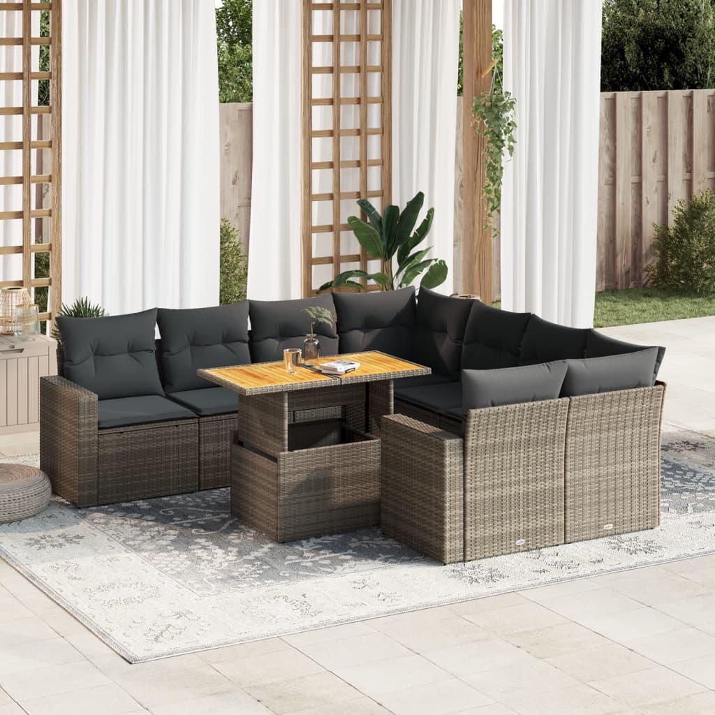 Havesofasæt i polyrattan - 9 dele med hynder, grå