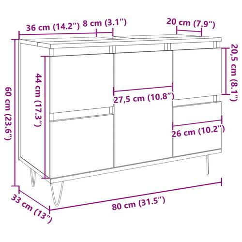Badeværelsesskab 80x33x60 cm konstrueret træ kunsteg