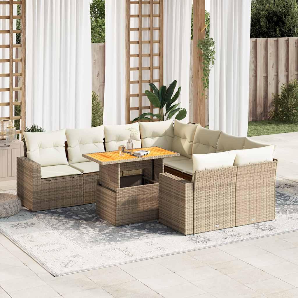 Havesofasæt i polyrattan, 9 dele med hynder - beige