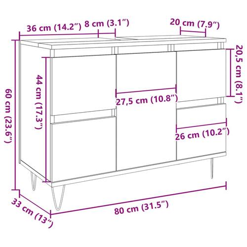 Badeværelsesskab 80x33x60 cm konstrueret træ gammelt træ-look