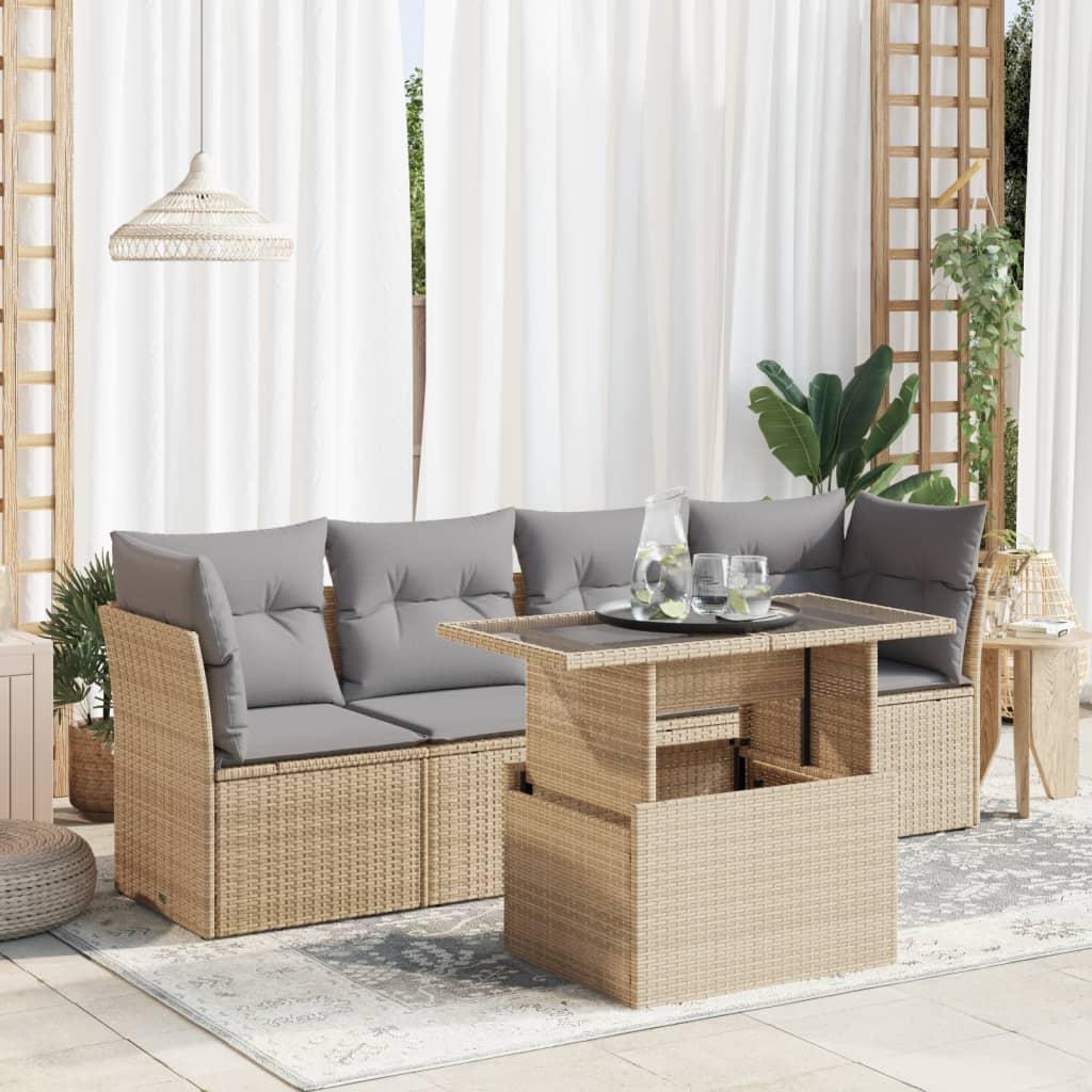 Sofasæt til haven 5 dele med hynder polyrattan beige billede
