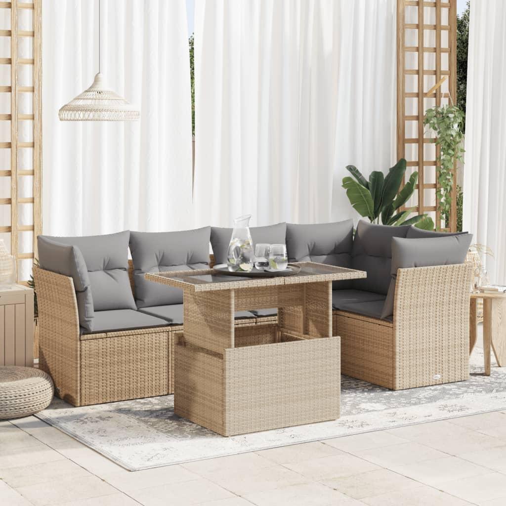 Sofasæt til haven i polyrattan - 6 dele med hynder, beige billede