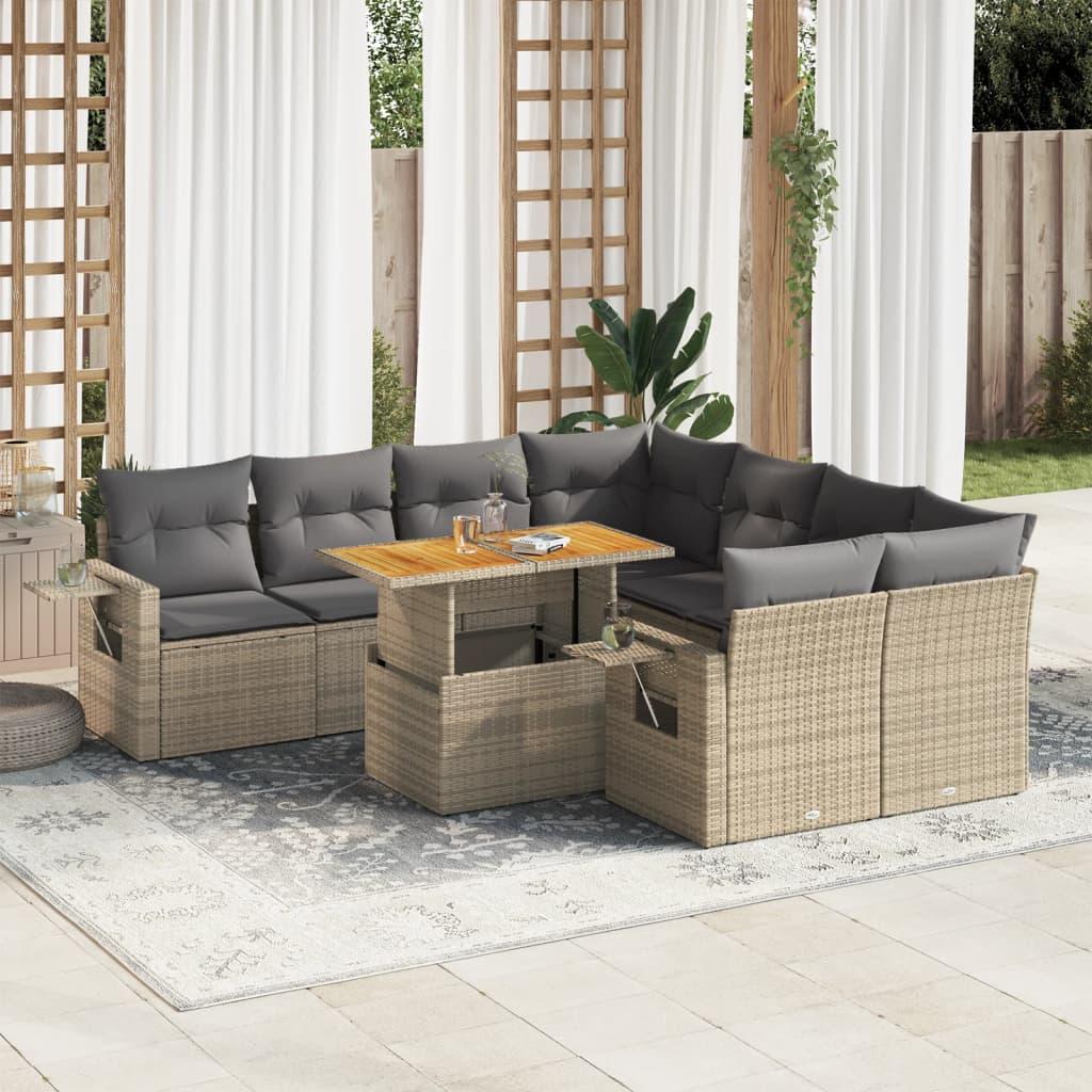 Havesofasæt i polyrattan, 9 dele med hynder - beige