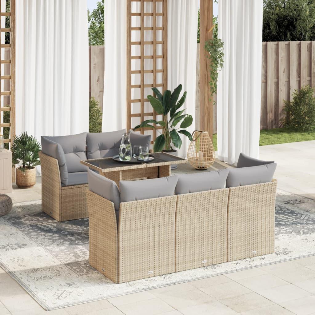 Havesofasæt i polyrattan - 6 dele med hynder, beige