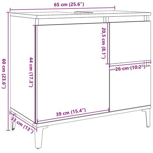 Underskab til vask 65x33x60 cm konstrueret træ gammelt trælook