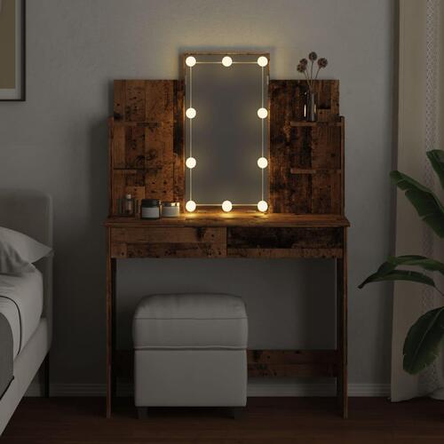 Makeupbord med LED-lys 96x40x142 cm antikt trælook