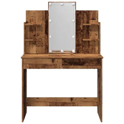 Makeupbord med LED-lys 96x40x142 cm antikt trælook