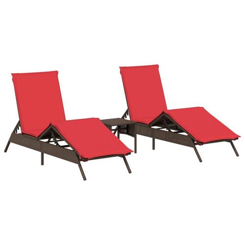 Liggestole 2 stk. med bord polyrattan brun