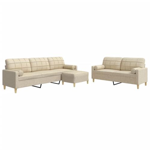 3 personers sofa med fodskammel og pyntepuder stof cremefarvet