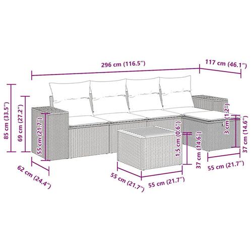 Sofasæt til haven 6 dele med hynder polyrattan beige