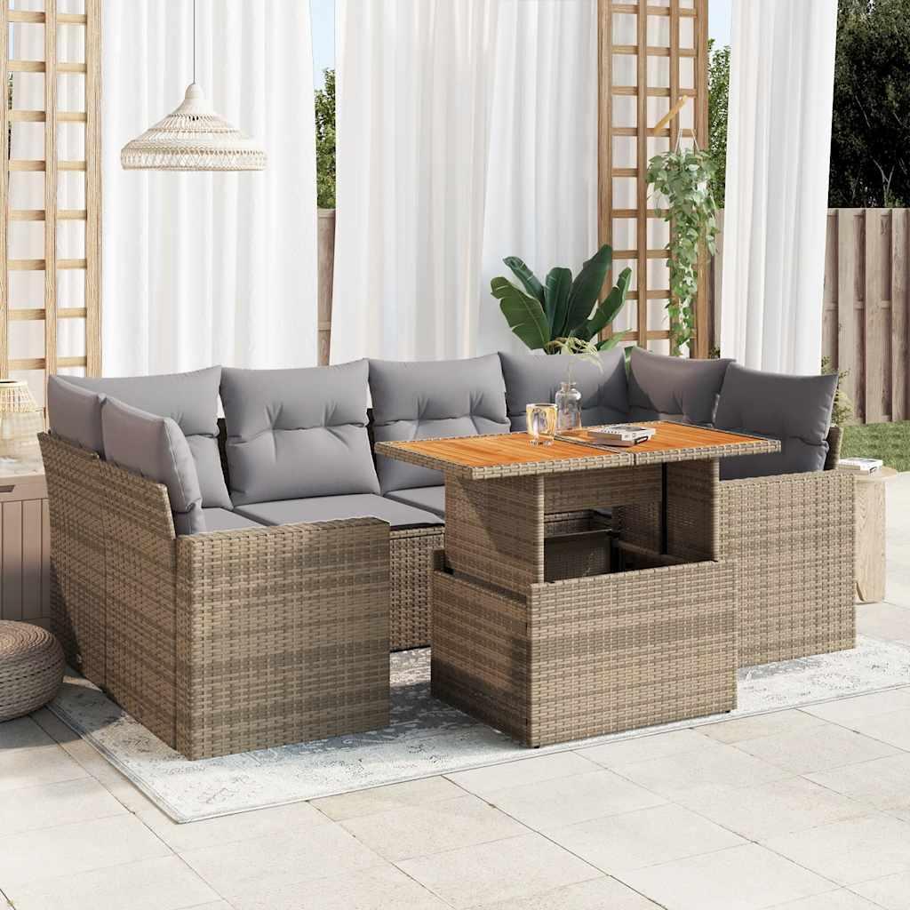 Sofasæt til haven i polyrattan - 7 dele med hynder, beige
