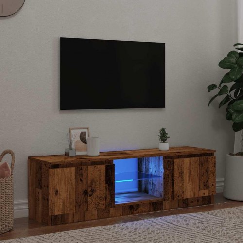 Tv-bord med LED-lys 140×40×36 cm - konstrueret træ, antikt egetræ