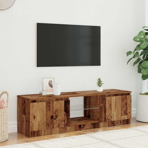 Tv-bord med LED-lys 140×40×36 cm - konstrueret træ, antikt egetræ