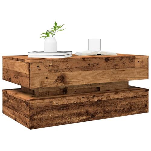Sofabord med LED-lys 90x50x40 cm gammelt trælook