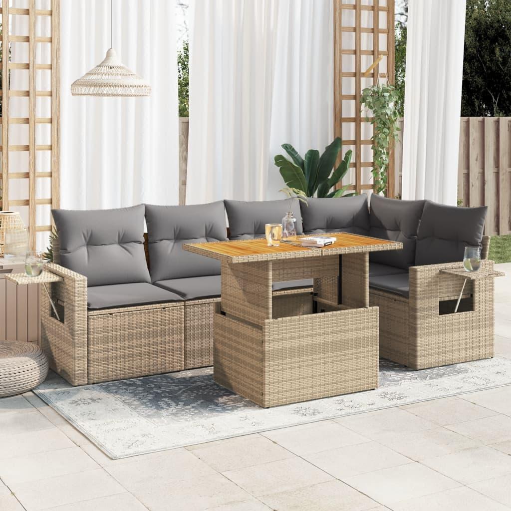 Sofasæt til haven - 6 dele med hynder i polyrattan, beige