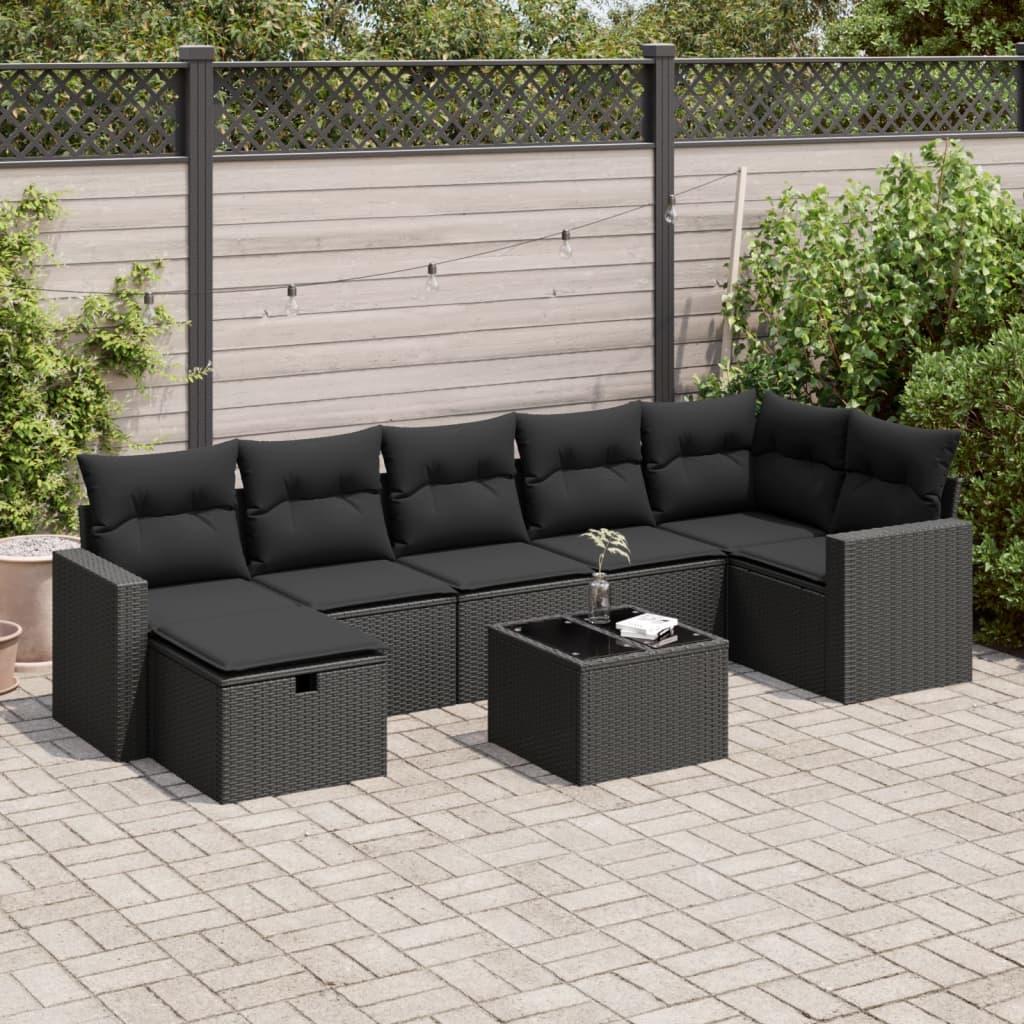 Havesofasæt i polyrattan - 8 dele med hynder, sort billede