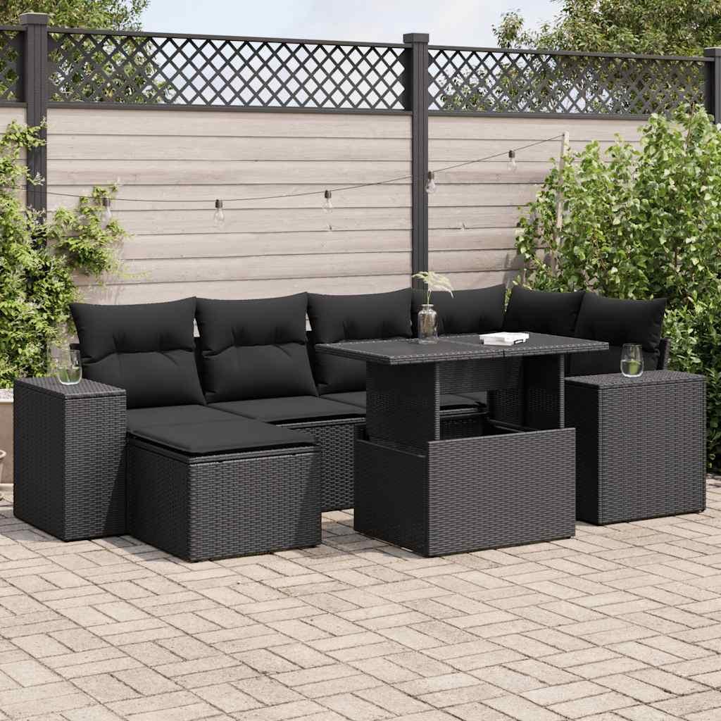 Sofasæt til haven i polyrattan - 7 dele med hynder, sort