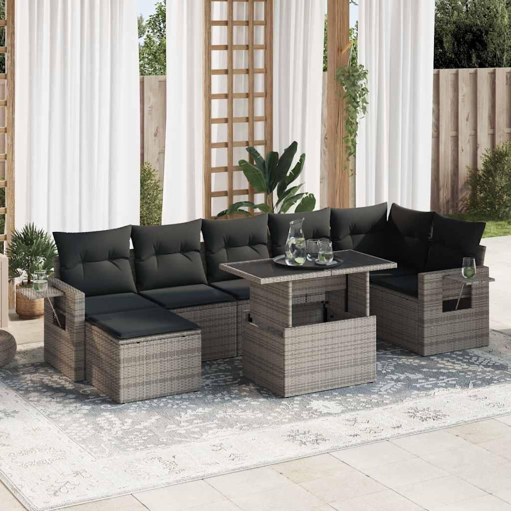 Havesofasæt i polyrattan - 8 dele med hynder, grå