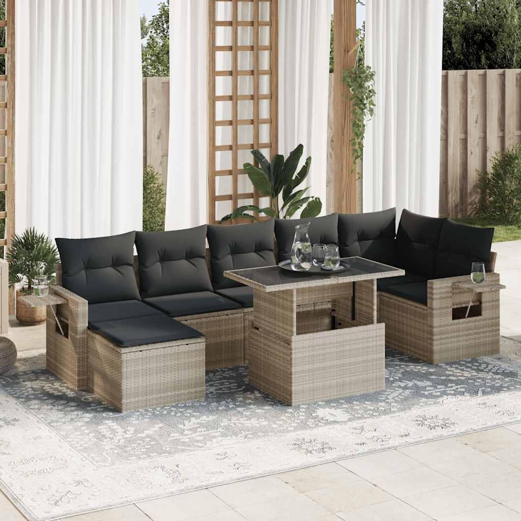 Havesofasæt i polyrattan - 8 dele med hynder, lysegrå billede