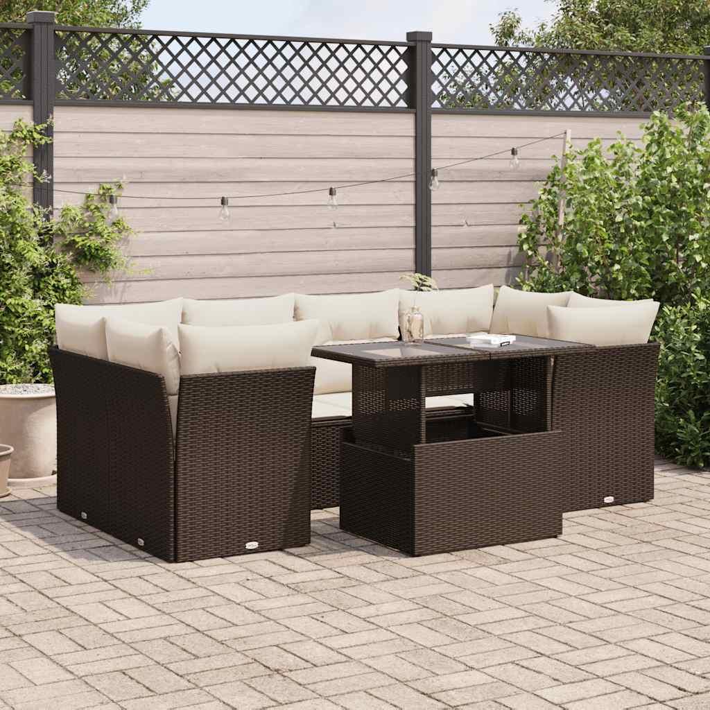 Sofasæt til haven i polyrattan - 7 dele med hynder, brun