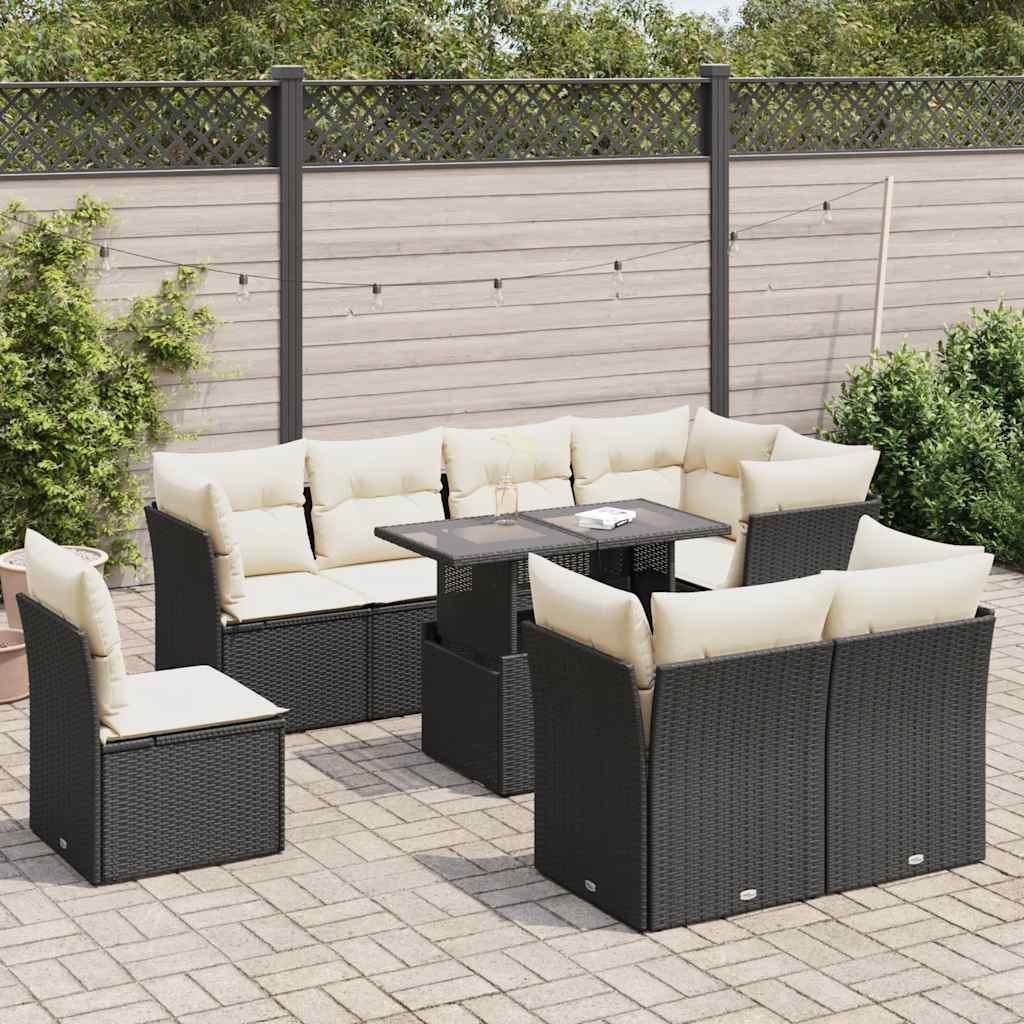 Havesofasæt i polyrattan, 9 dele med hynder - sort/creme billede