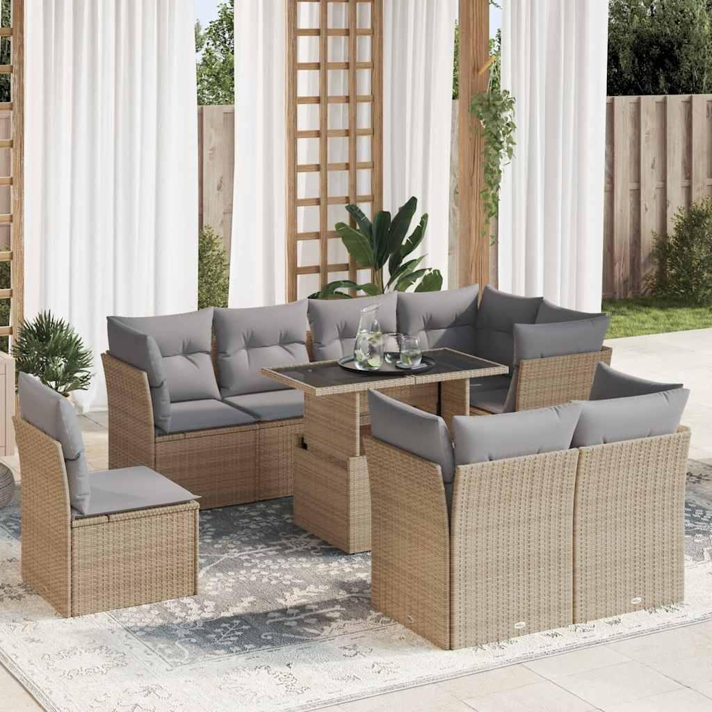 Sofasæt til haven i polyrattan - 9 dele med hynder, beige billede