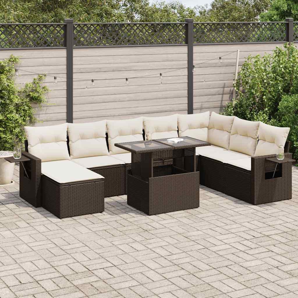 Sofasæt til haven i polyrattan - 9 dele med hynder, brun