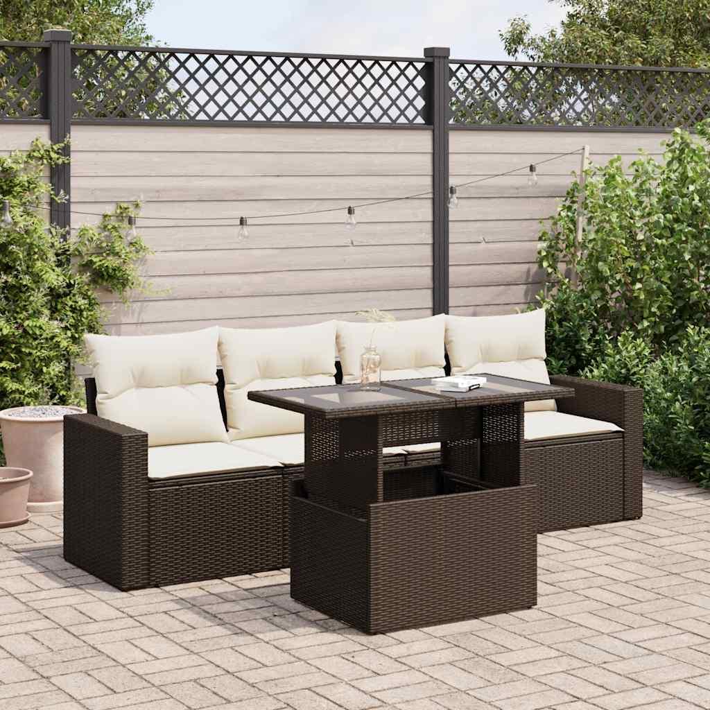 Havesofasæt i polyrattan - 5 dele med hynder, brun billede