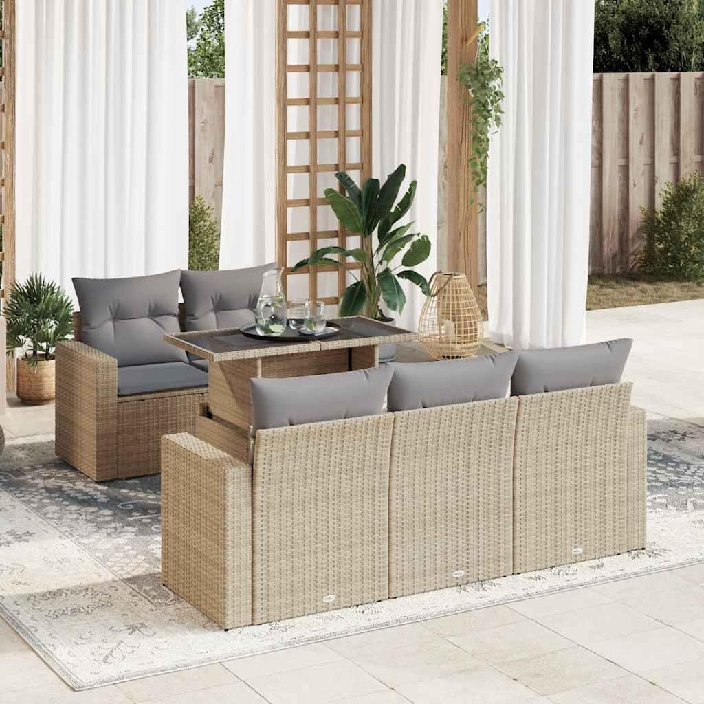 Sofasæt til haven i polyrattan - 6 dele med hynder, beige