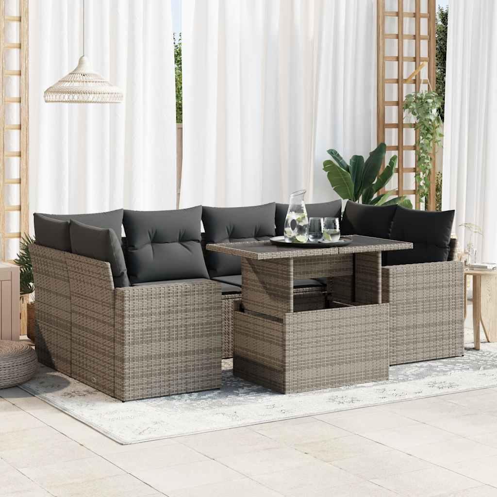 Havesofasæt i polyrattan - 7 dele med hynder, grå