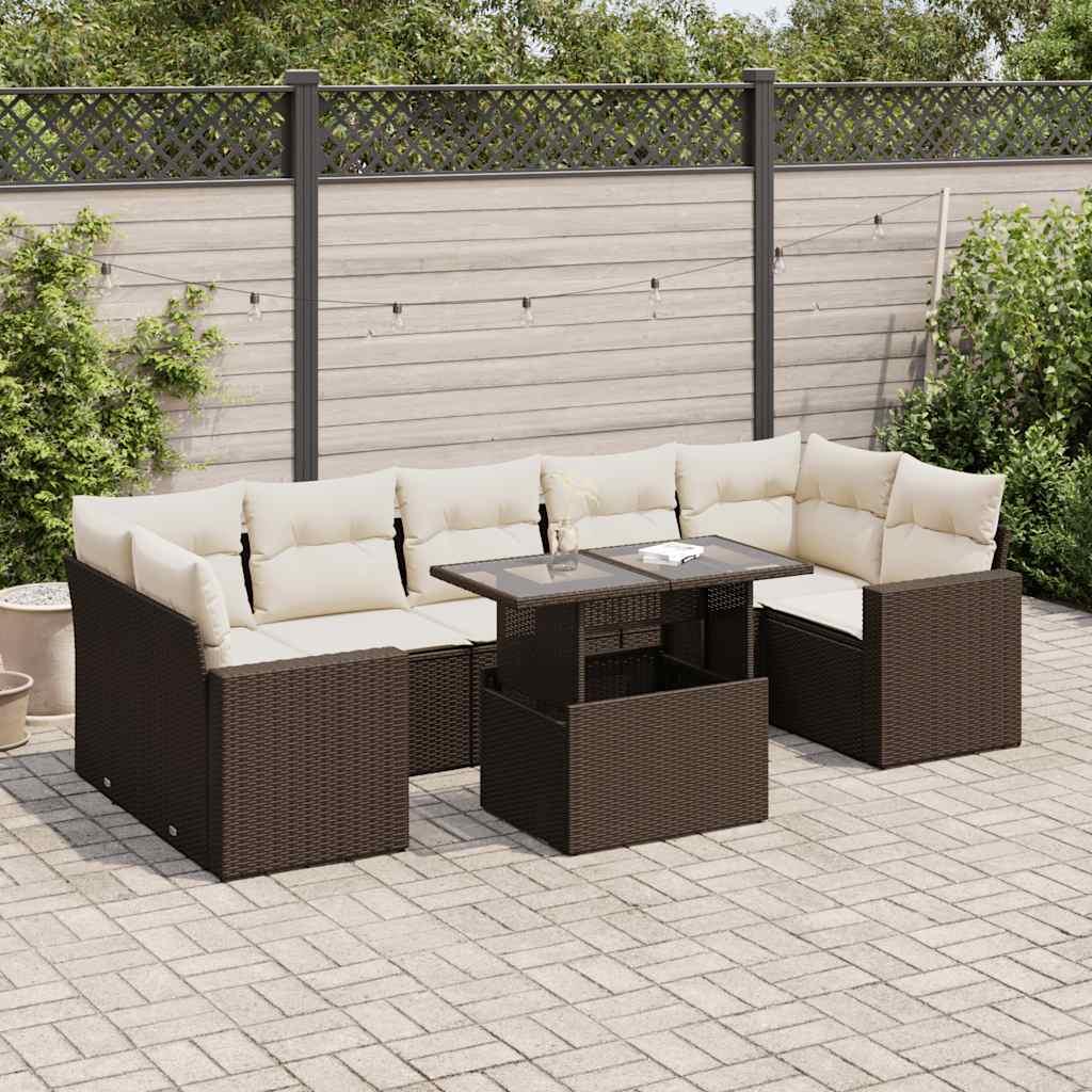 Havesofasæt i polyrattan - 8 dele med hynder, brun